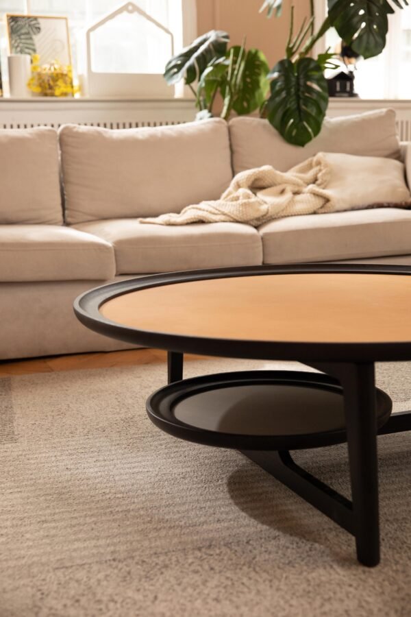C249 (2) Leather Top Wooden Round Center Coffee Table C249