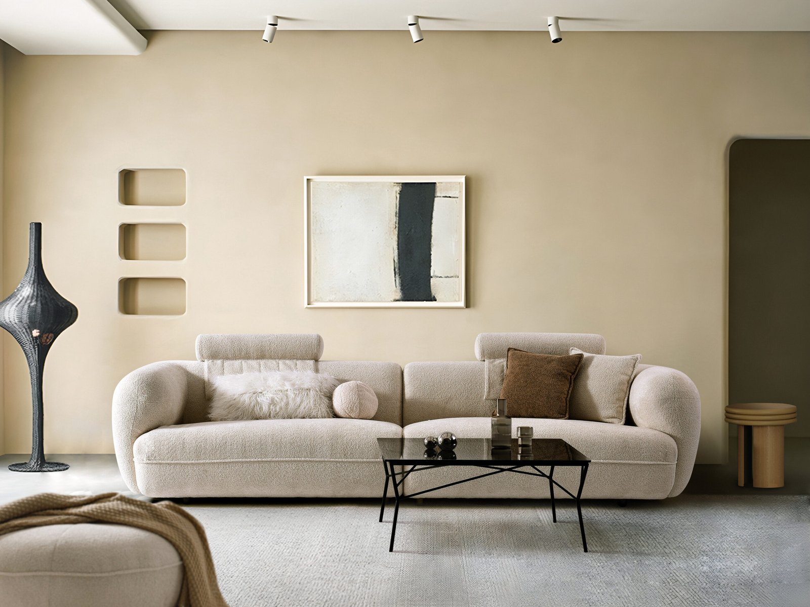 Plush White Boucle Nordic 3-Seater Sofa