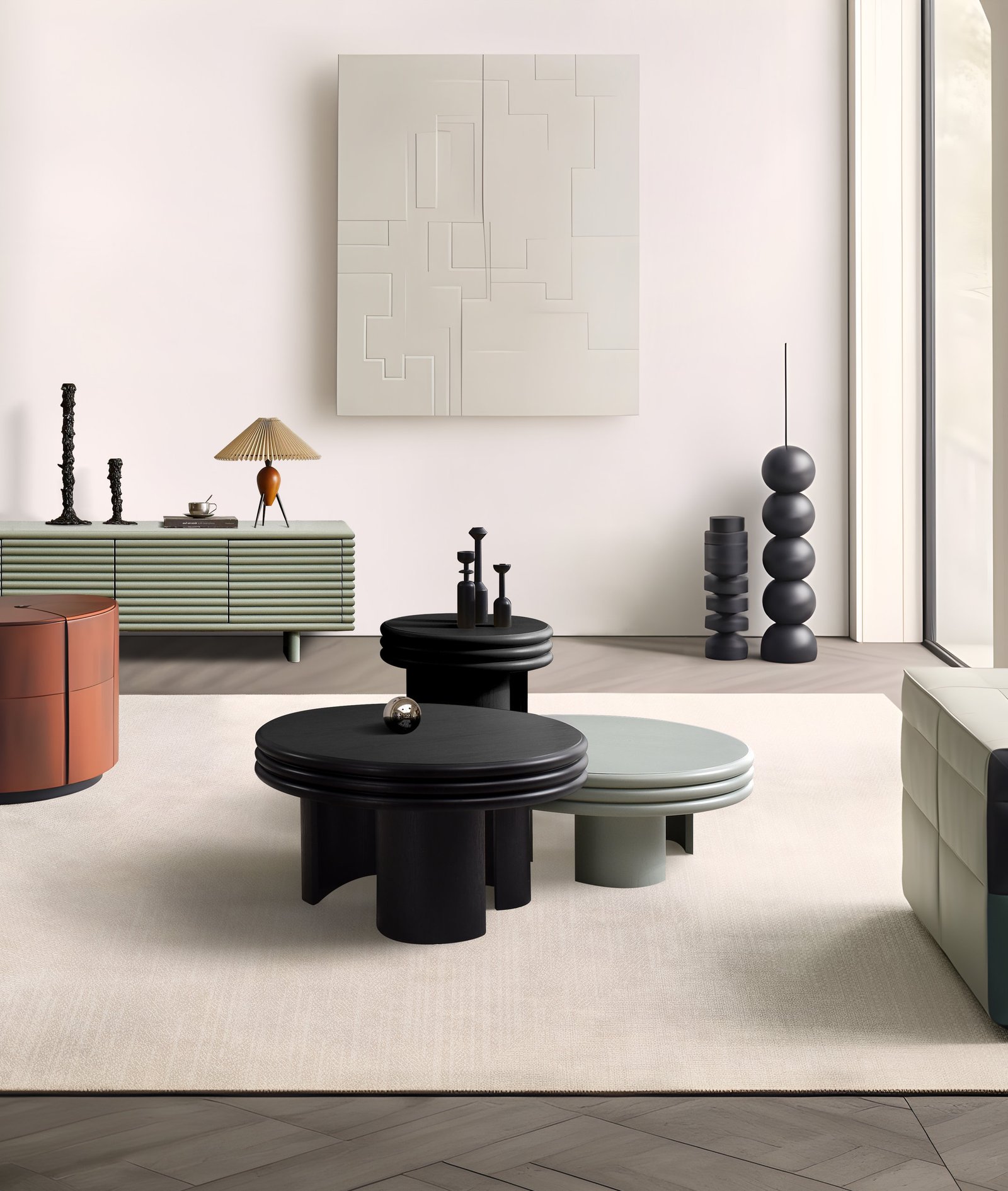 French Style Solid Mdf Veneer Round Wood Coffee Table Set C297